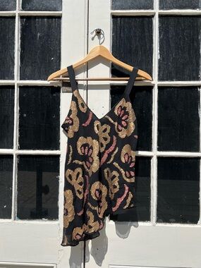 Black Floral Tank with Gold and Pink sequins